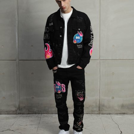 Ripped Black Denim Jacket & SOS Embroidery Jeans Set