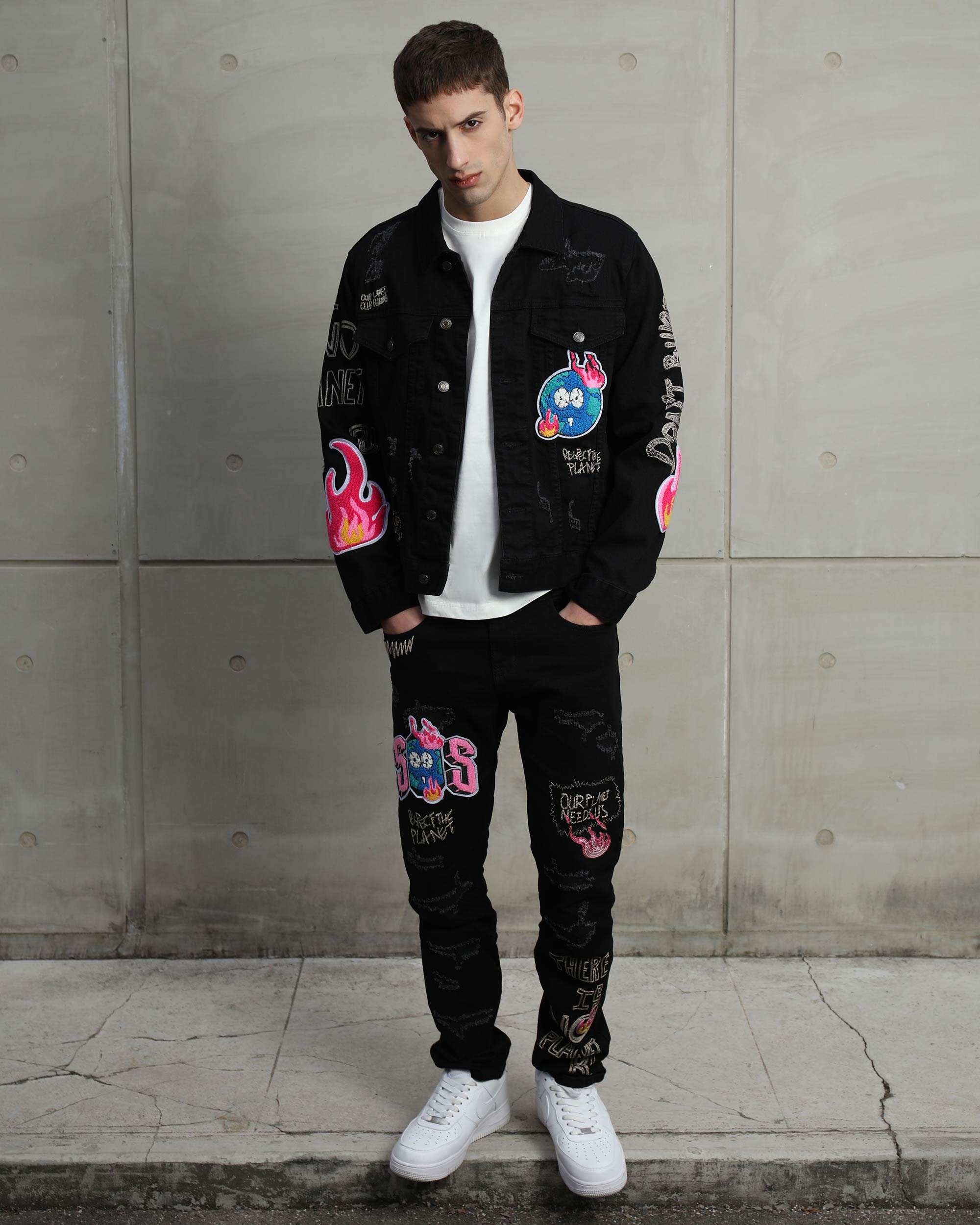 Ripped Black Denim Jacket & SOS Embroidery Jeans Set