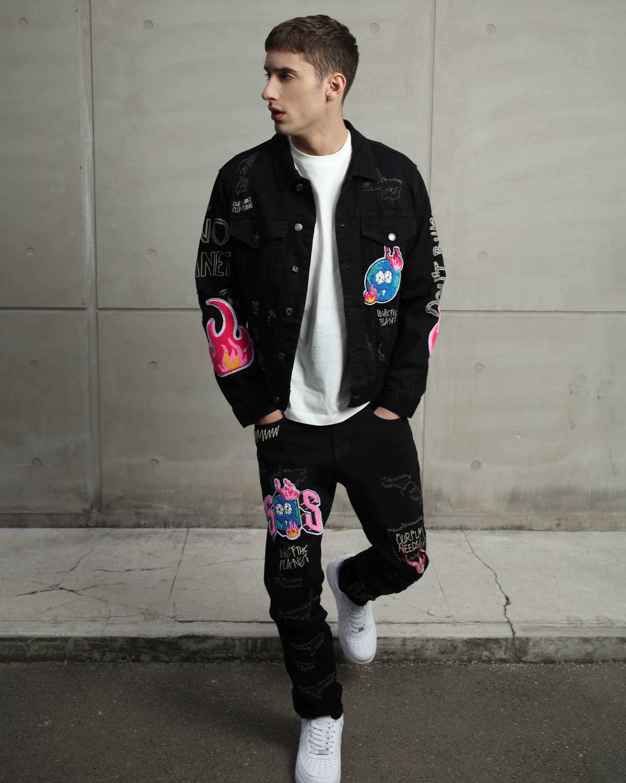 Ripped Black Denim Jacket & SOS Embroidery Jeans Set