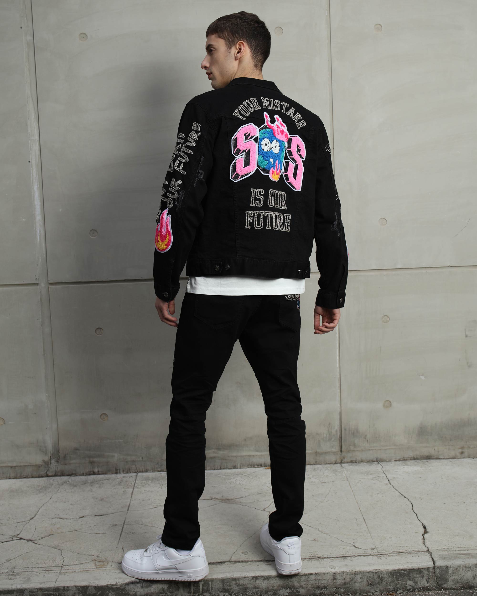 Ripped Black Denim Jacket & SOS Embroidery Jeans Set