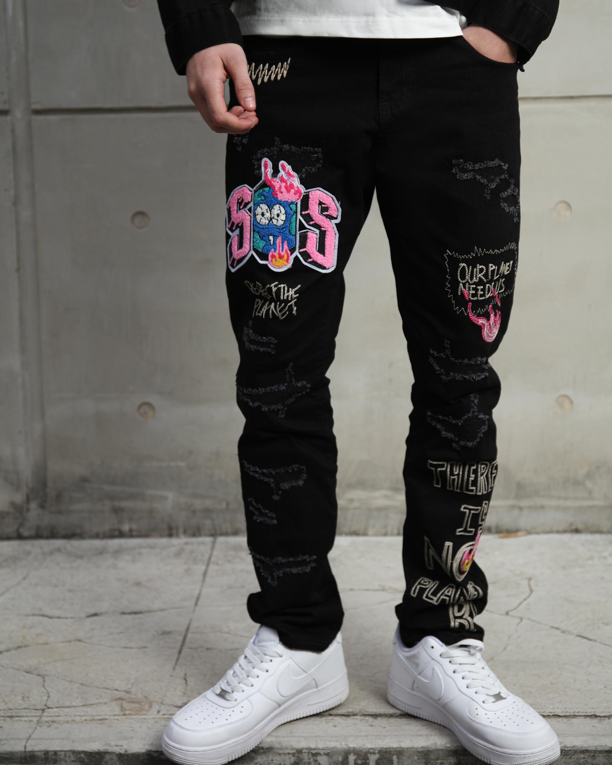 Ripped Black Denim Jacket & SOS Embroidery Jeans Set