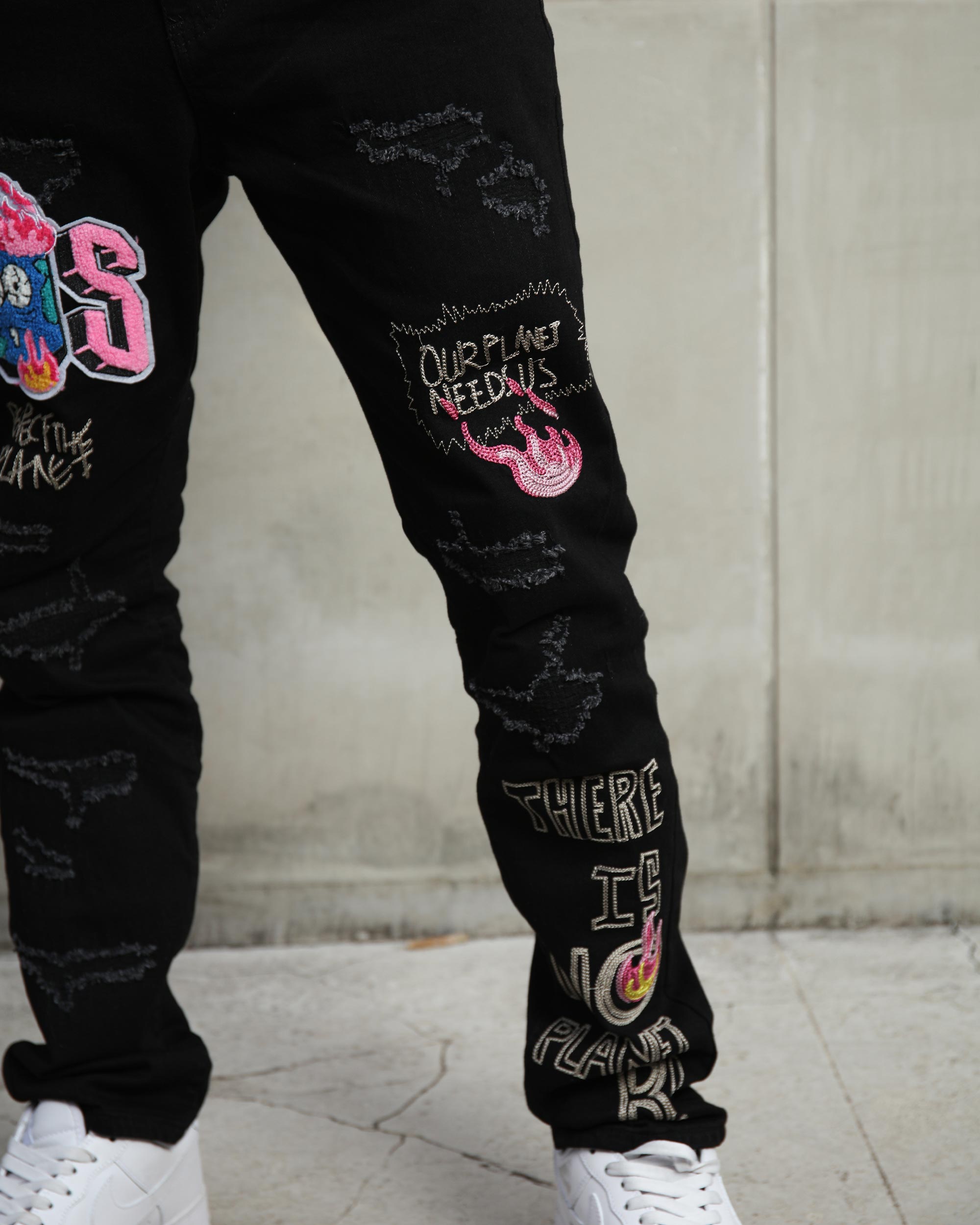 Ripped Black Denim Jacket & SOS Embroidery Jeans Set