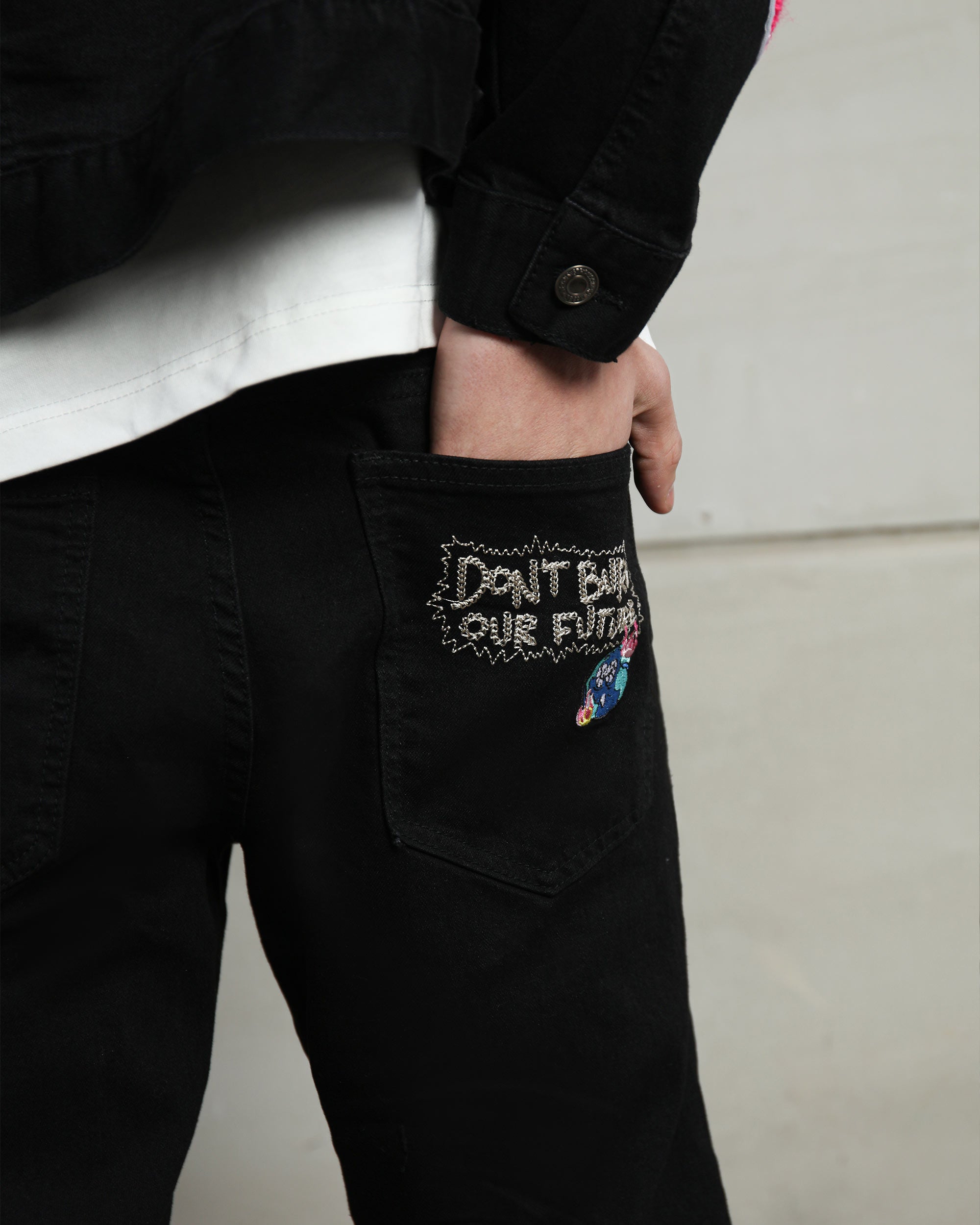 Ripped Black Denim Jacket & SOS Embroidery Jeans Set