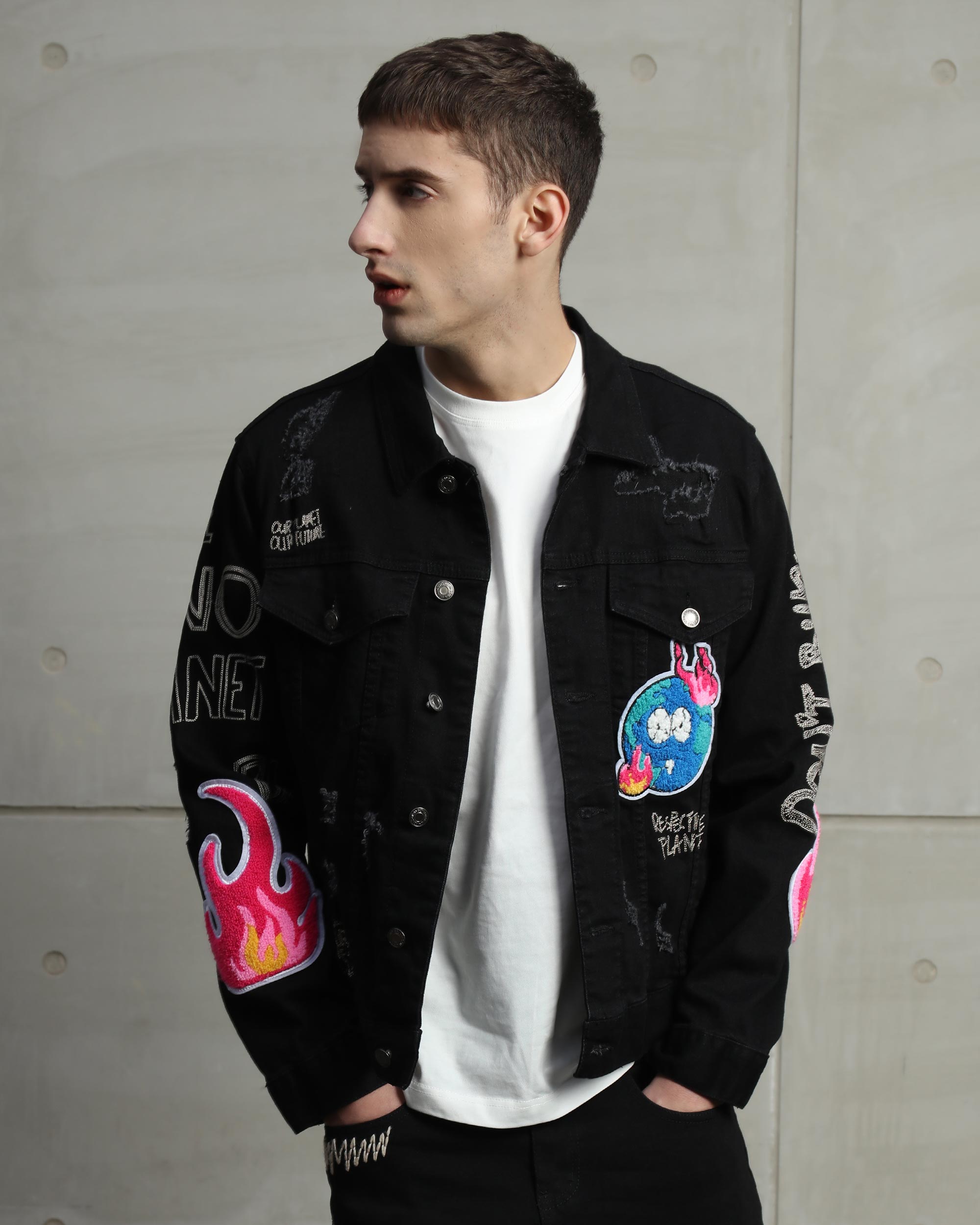 Ripped Black Denim Jacket & SOS Embroidery Jeans Set