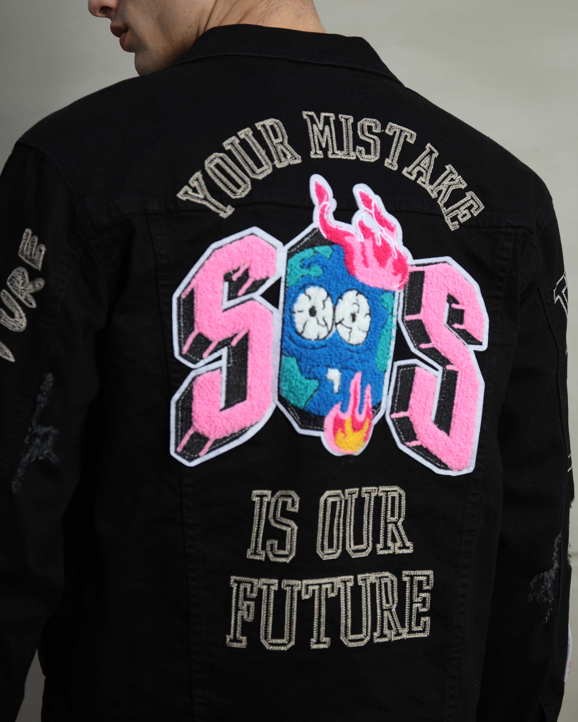 Ripped Black Denim Jacket & SOS Embroidery Jeans Set