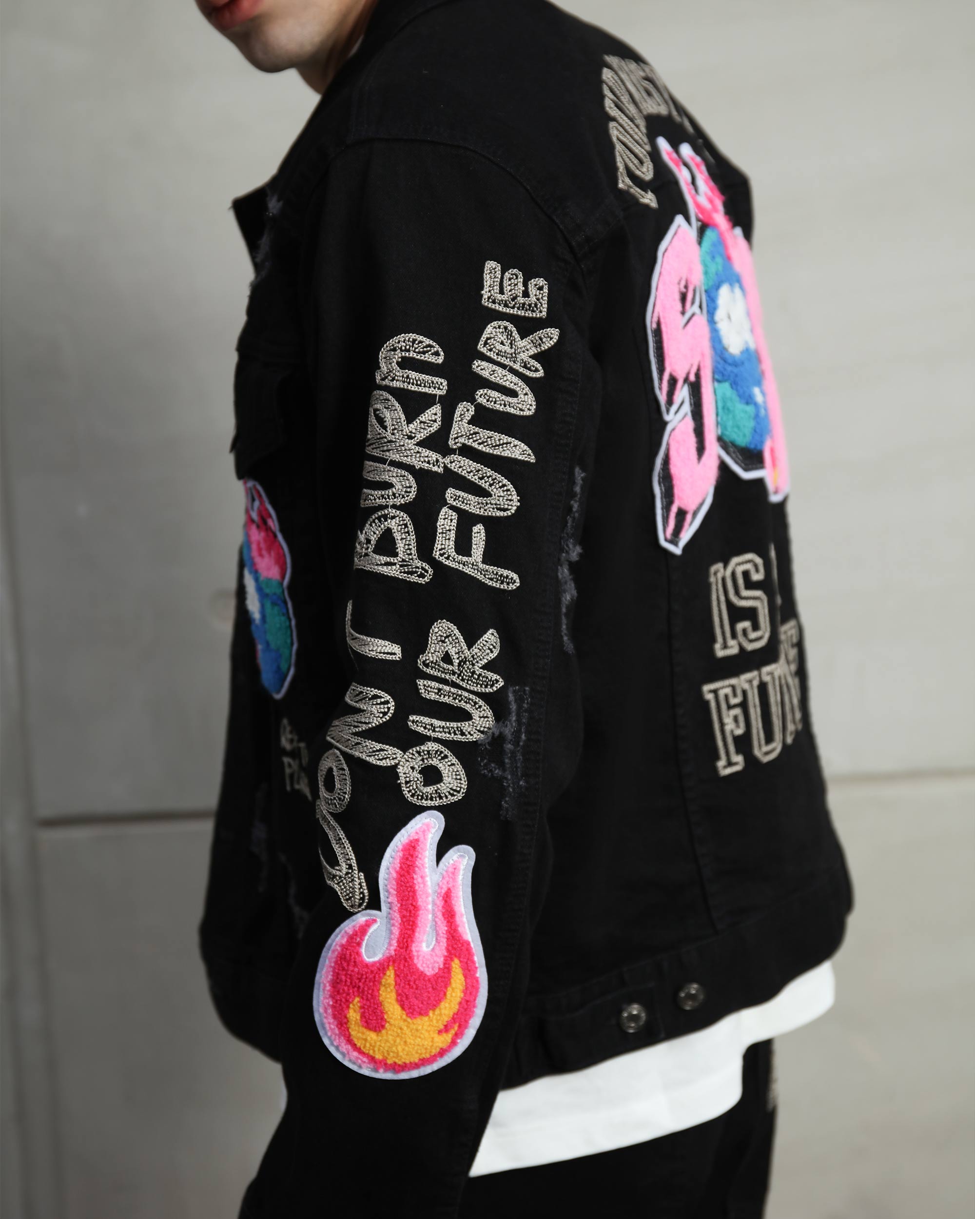 Ripped Black Denim Jacket & SOS Embroidery Jeans Set