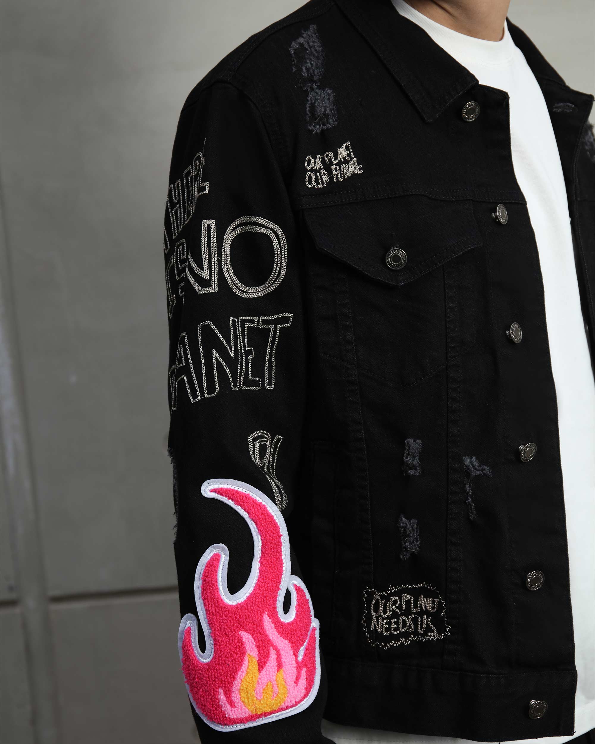 Ripped Black Denim Jacket & SOS Embroidery Jeans Set