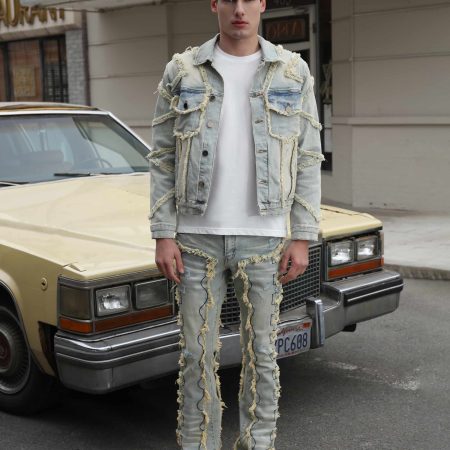 Vintage Fringe Denim Jacket & Flare Patch Jeans Set