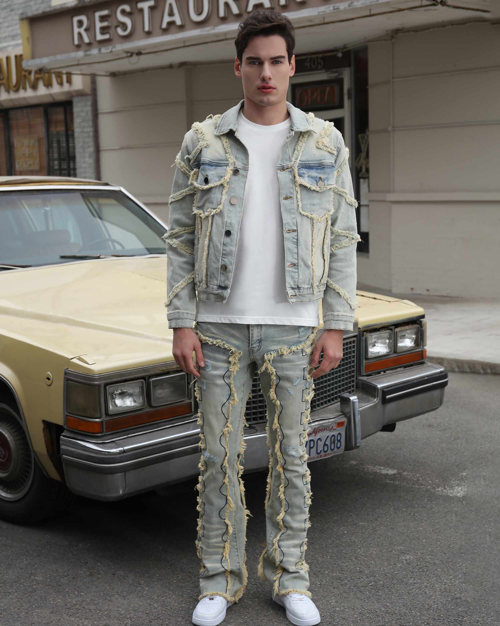 Vintage Fringe Denim Jacket & Flare Patch Jeans Set