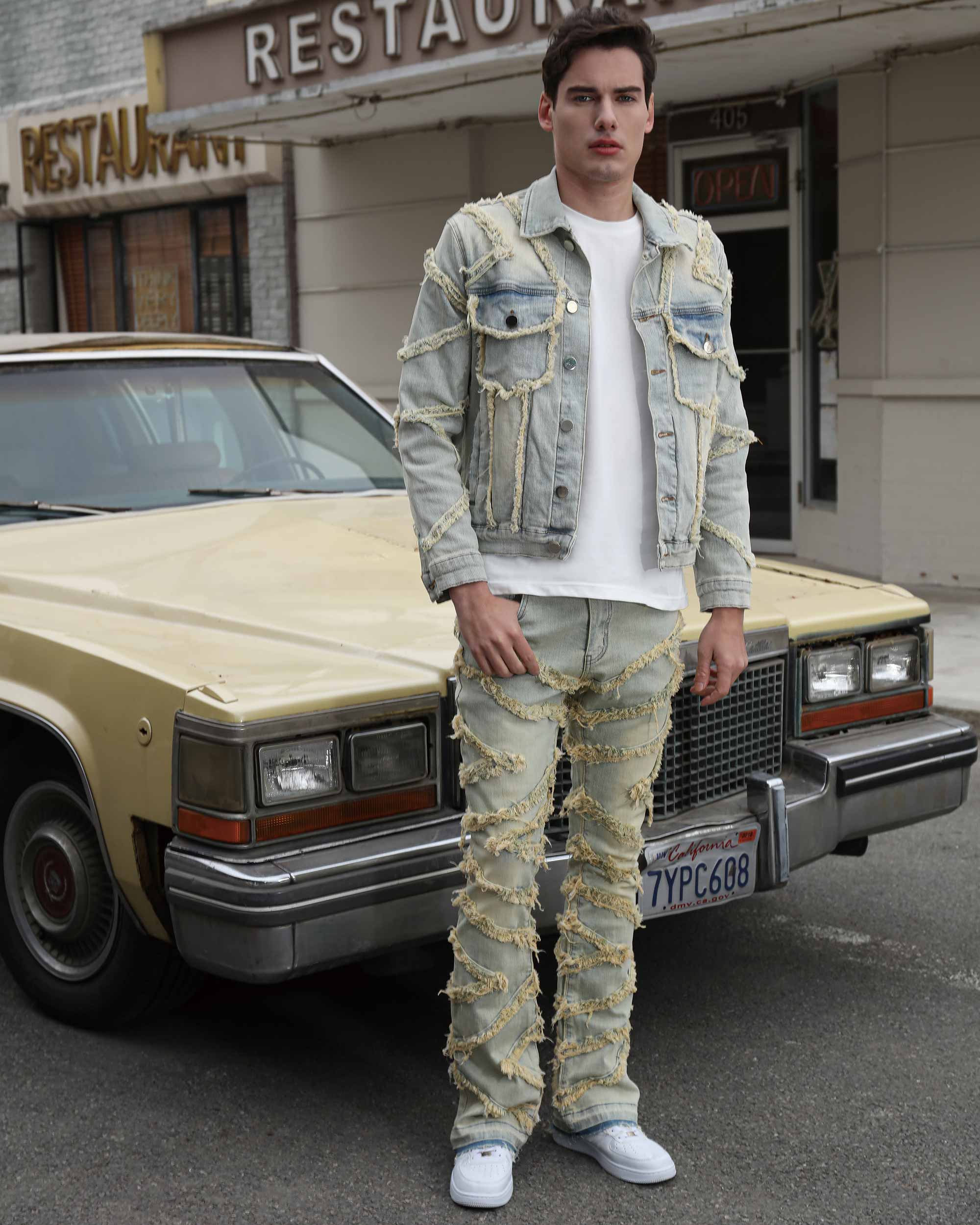 Vintage Fringe Denim Jacket & Flare Patch Jeans Set