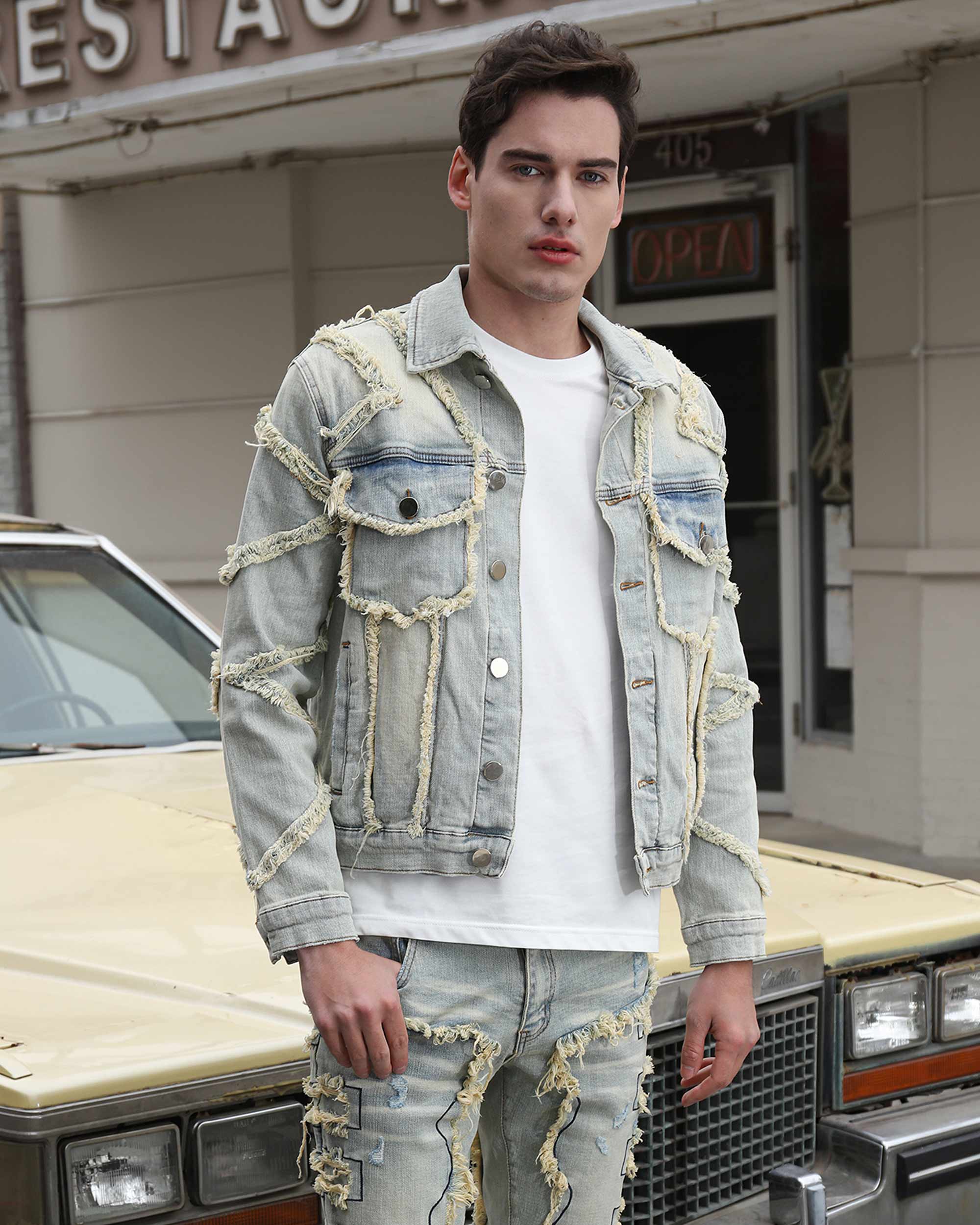 Vintage Fringe Denim Jacket & Flare Patch Jeans Set