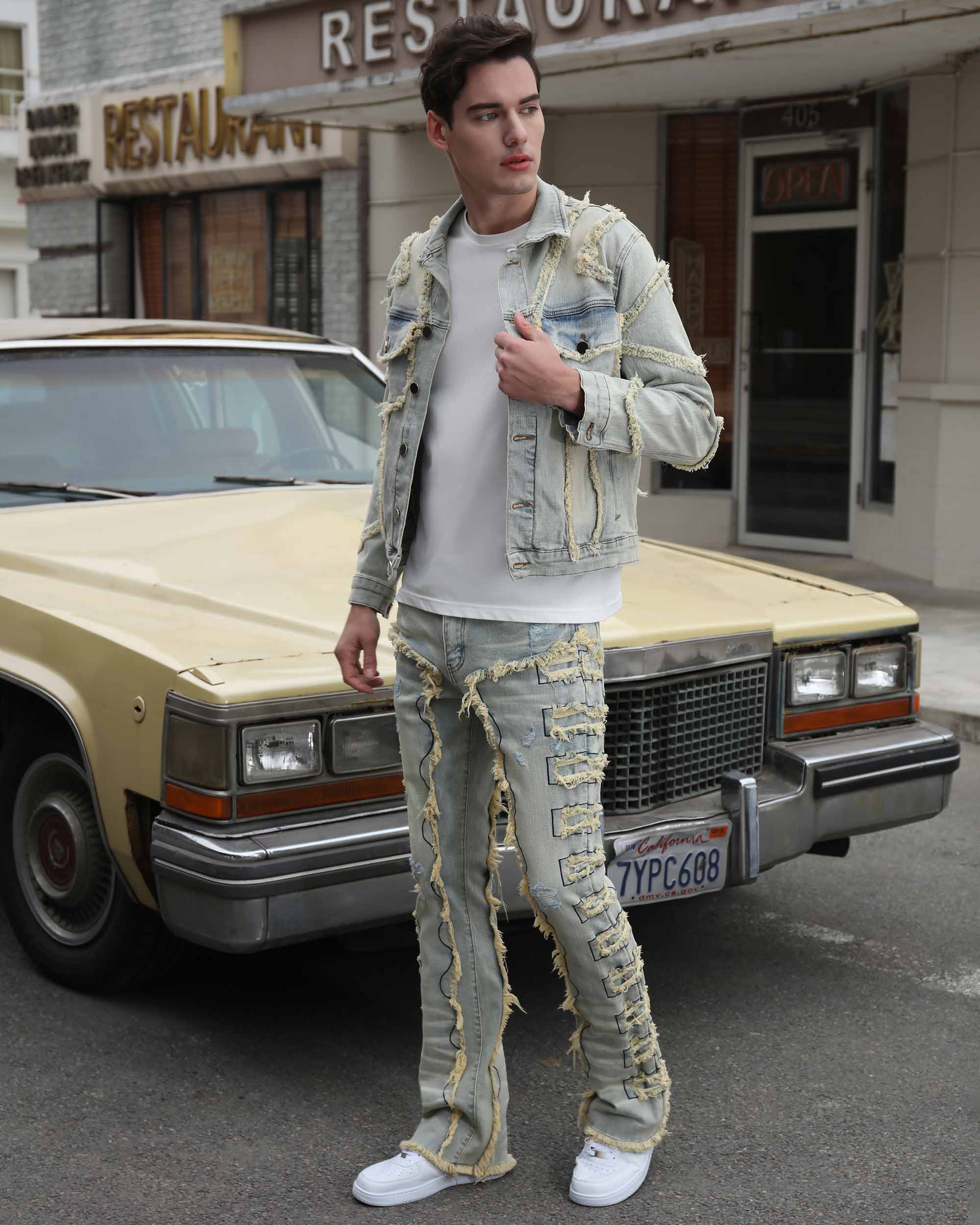 Vintage Fringe Denim Jacket & Flare Patch Jeans Set