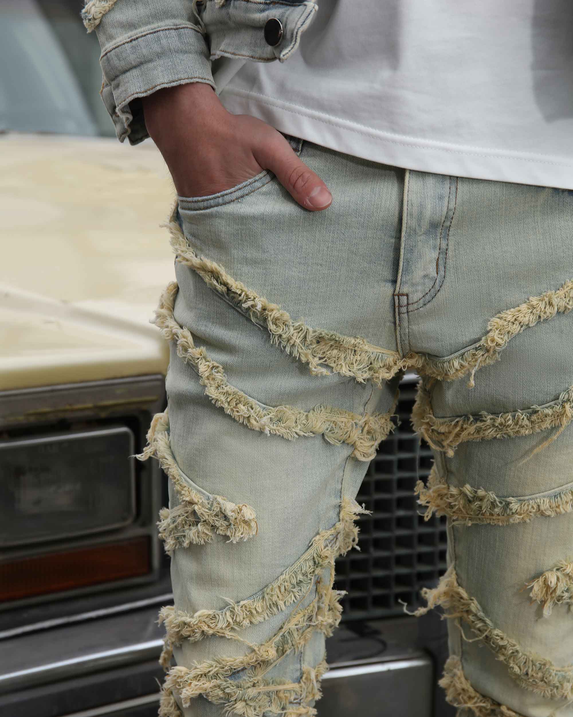 Vintage Fringe Denim Jacket & Flare Patch Jeans Set