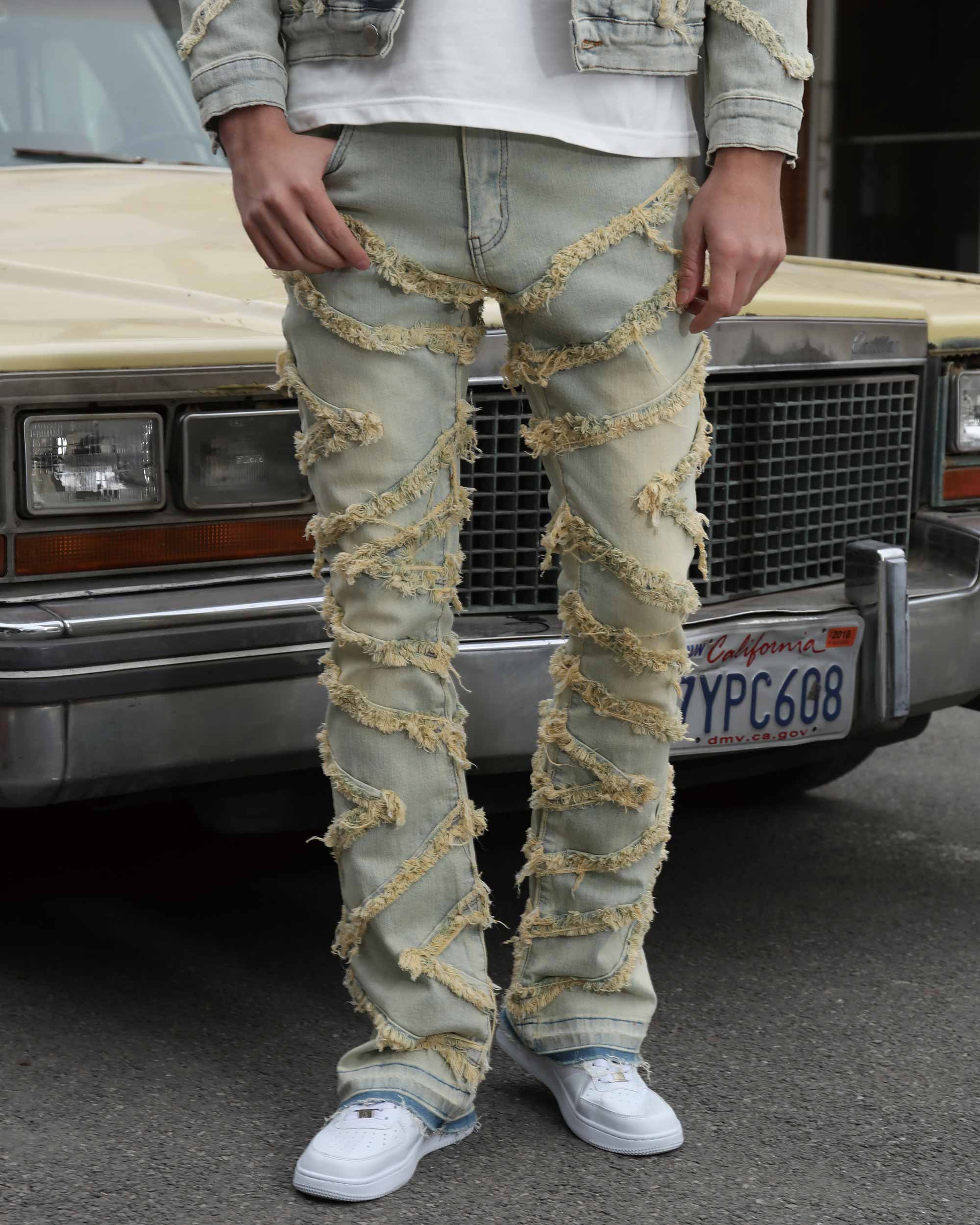 Vintage Fringe Denim Jacket & Flare Patch Jeans Set