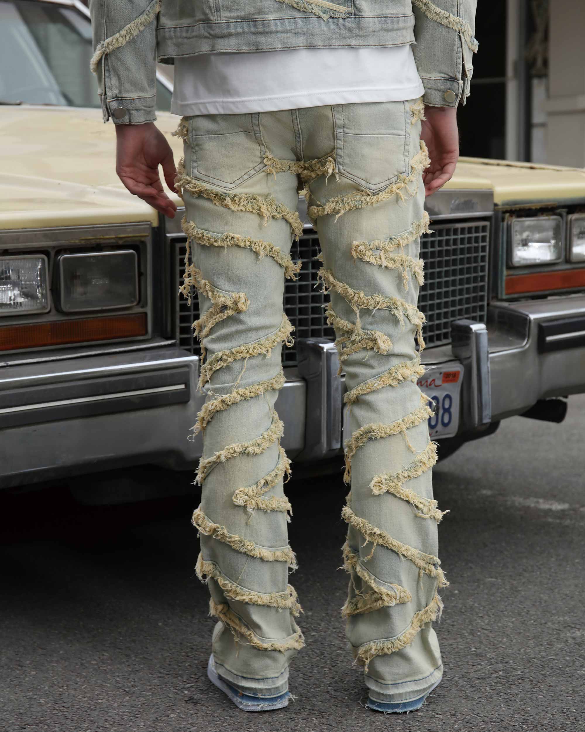 Vintage Fringe Denim Jacket & Flare Patch Jeans Set