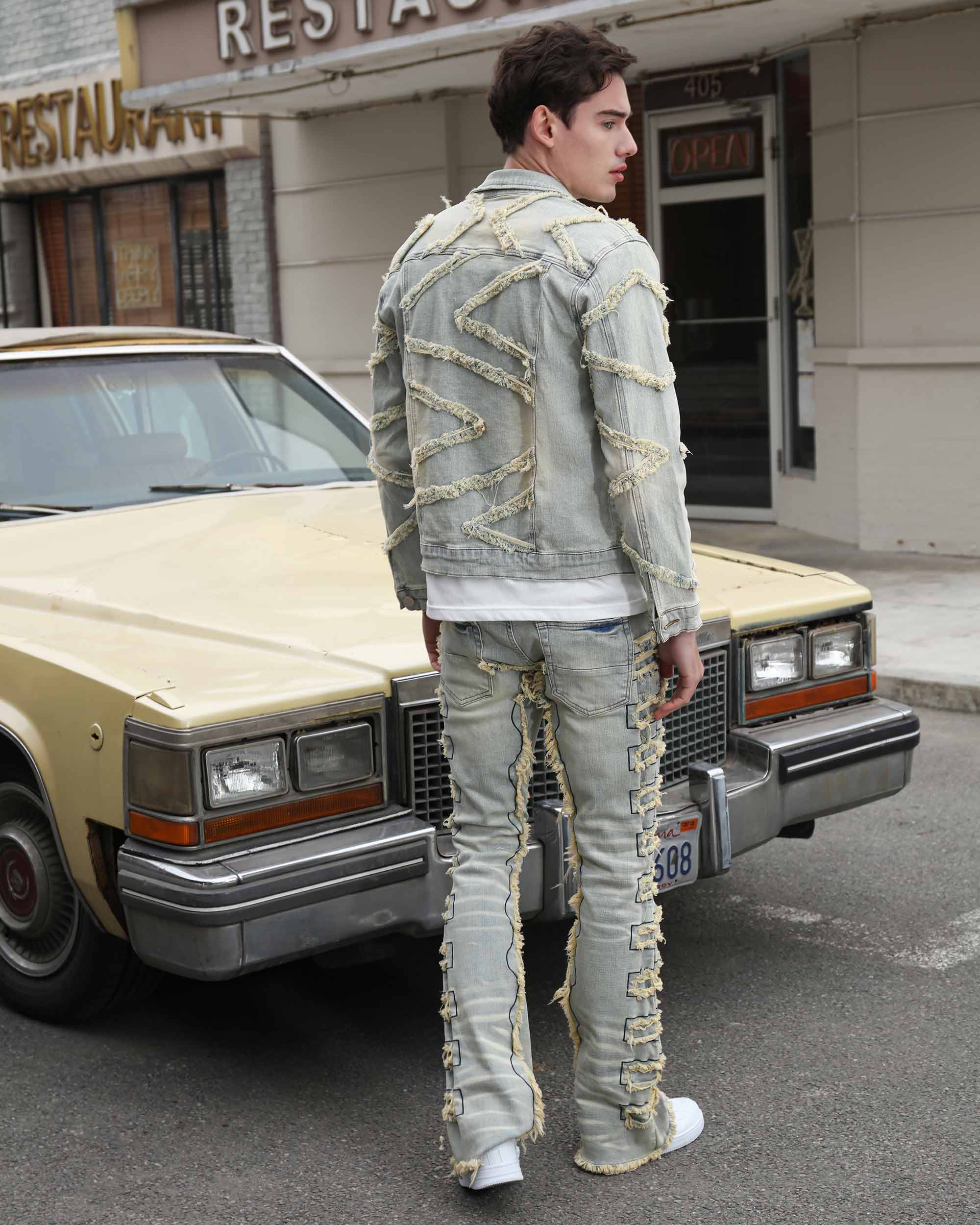 Vintage Fringe Denim Jacket & Flare Patch Jeans Set