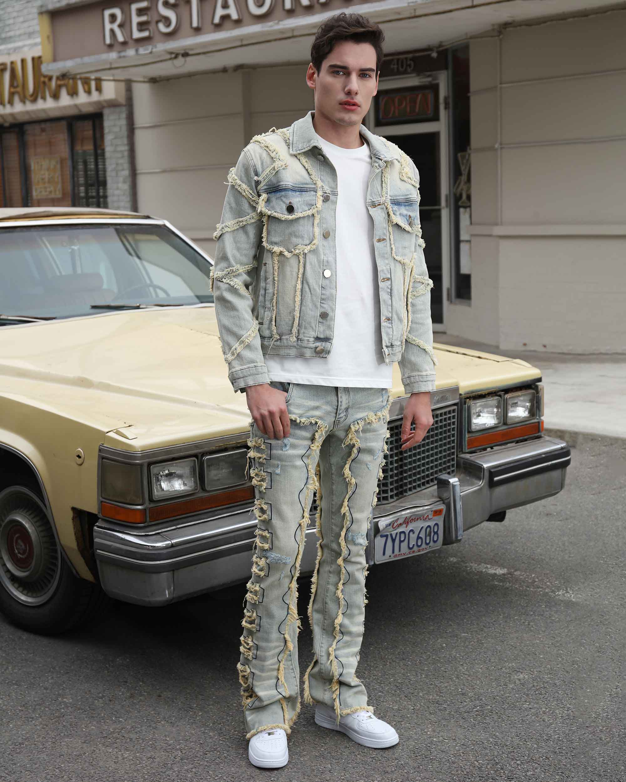 Vintage Fringe Denim Jacket & Flare Patch Jeans Set
