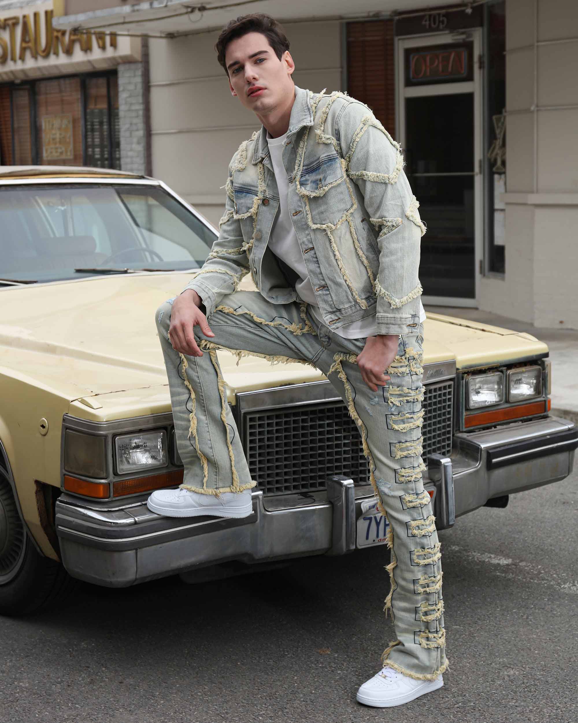 Vintage Fringe Denim Jacket & Flare Patch Jeans Set
