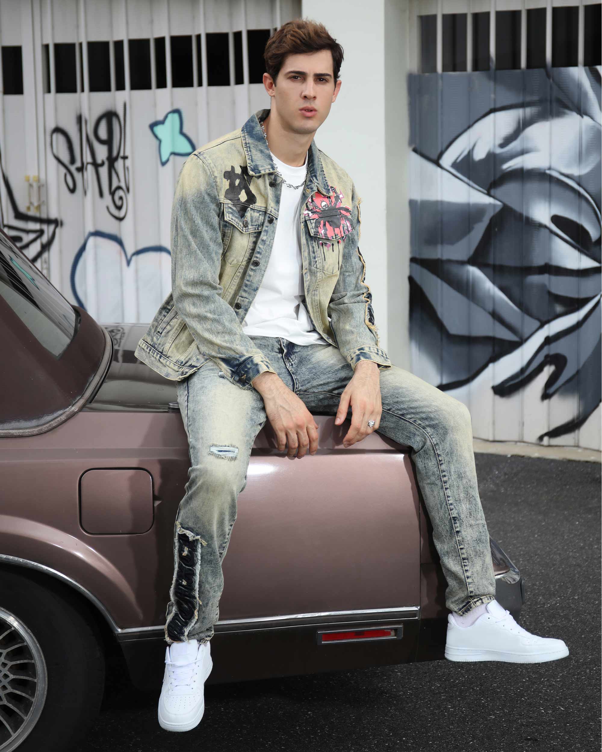 Graffiti Ripped Jeans & Distressed Denim Jacket Set
