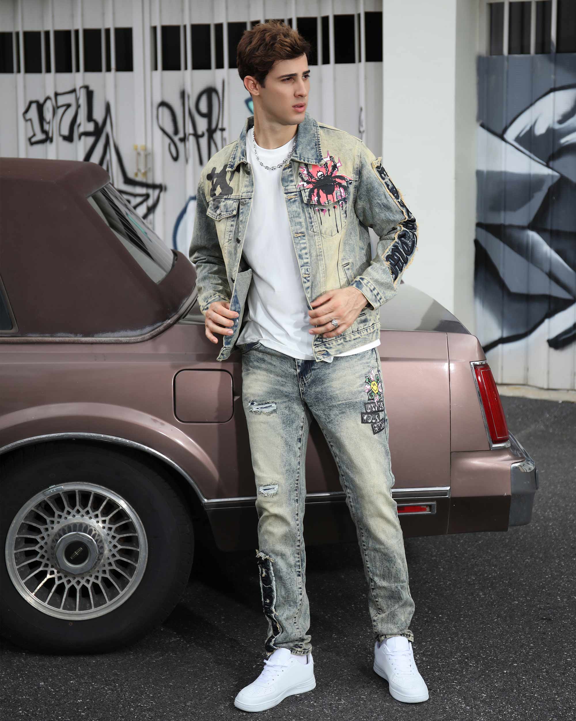 Graffiti Ripped Jeans & Distressed Denim Jacket Set
