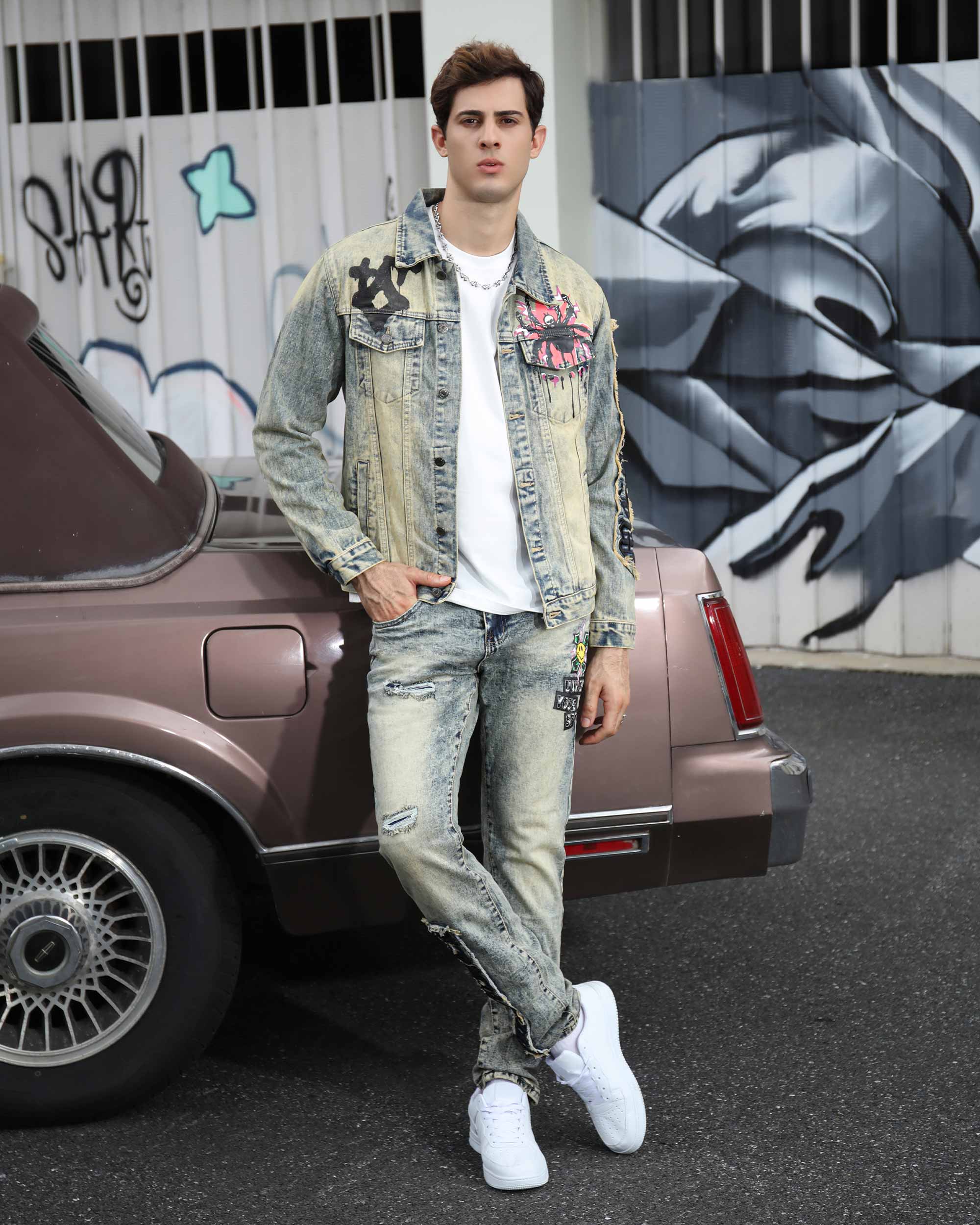 Graffiti Ripped Jeans & Distressed Denim Jacket Set