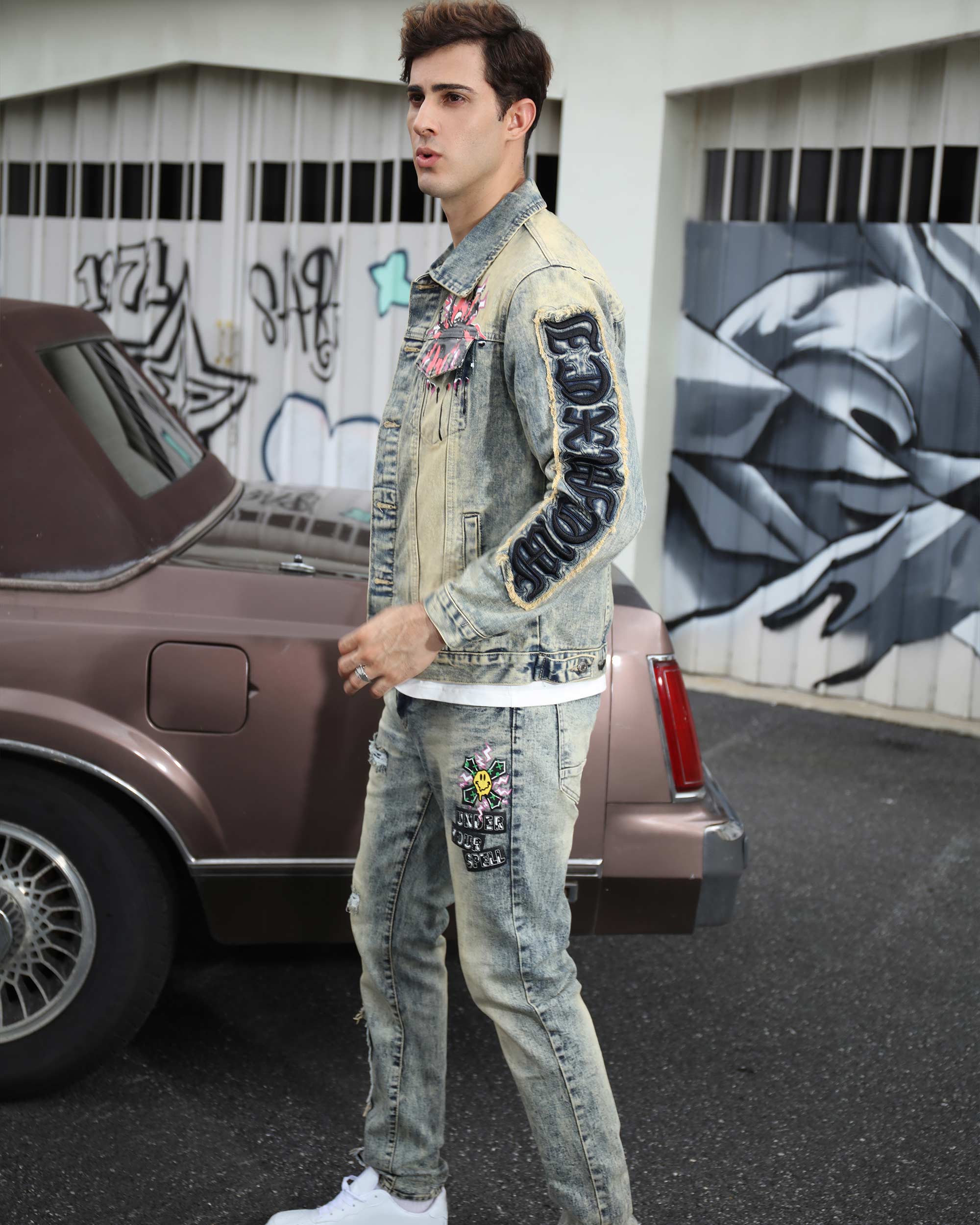 Graffiti Ripped Jeans & Distressed Denim Jacket Set
