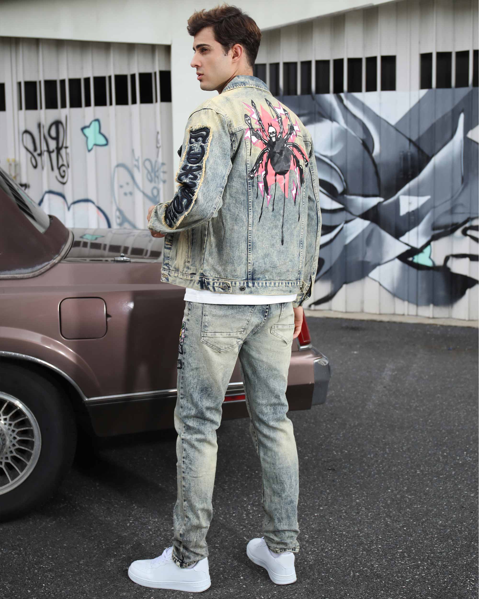 Graffiti Ripped Jeans & Distressed Denim Jacket Set