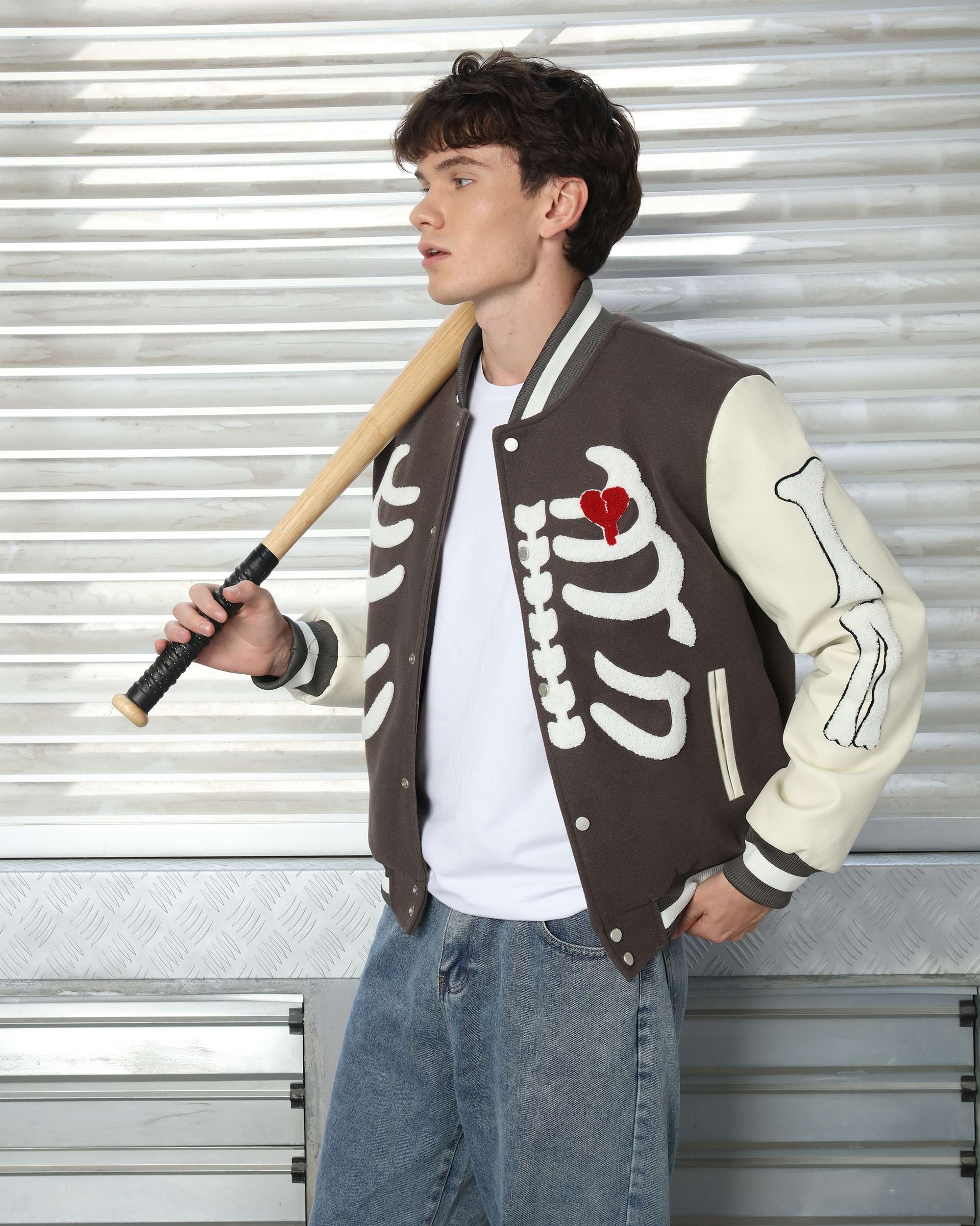 Men’s Skeleton Baseball Varsity & Letterman Jackets with Heart Patch