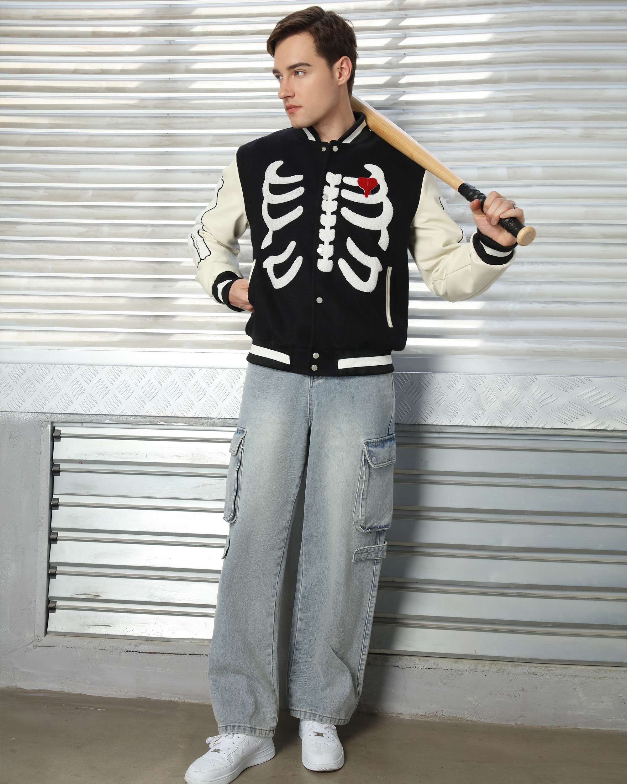 Men’s Skeleton Baseball Varsity & Letterman Jackets with Heart Patch