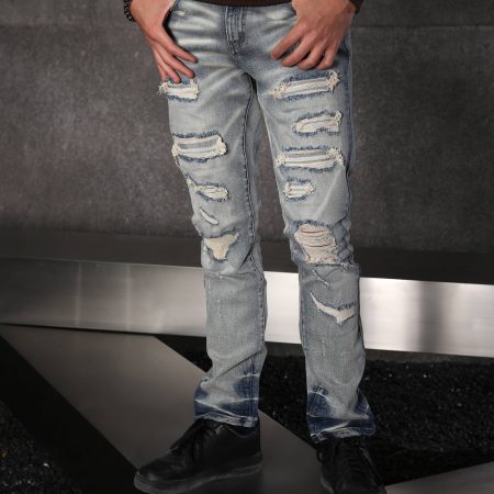 Men’s Light Wash Ripped Patched Skinny Jeans
