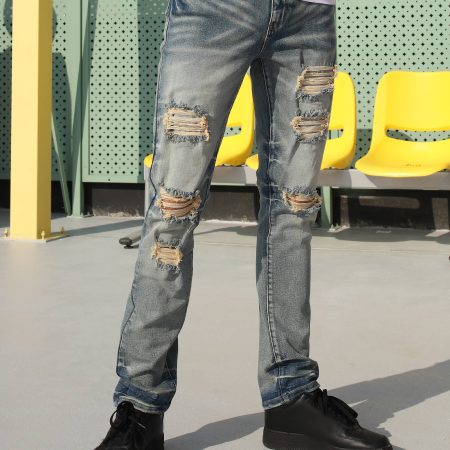 Men’s Vintage Blue Knee-Ripped Patched Slim Fit Jeans