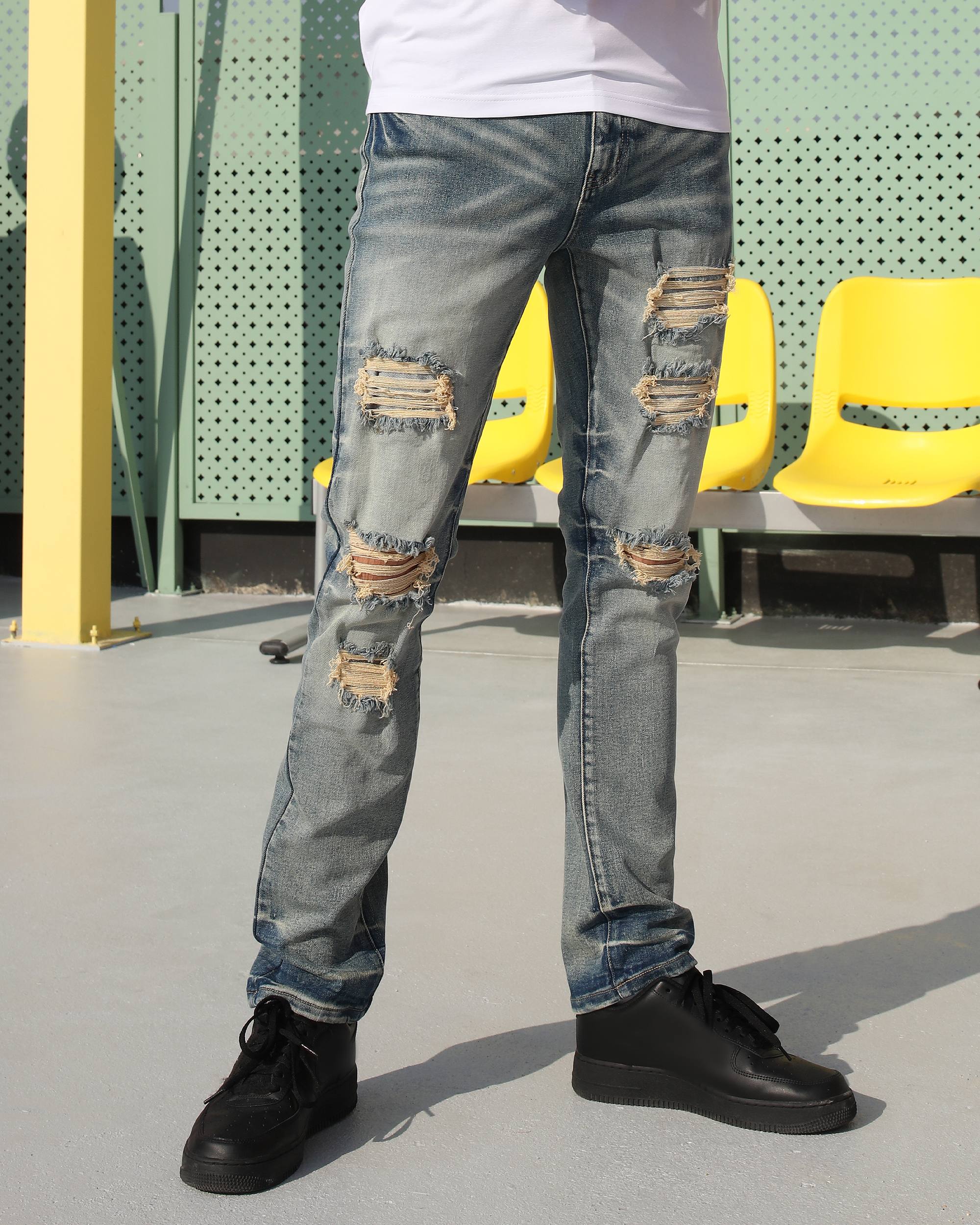 Men’s Vintage Blue Knee-Ripped Patched Slim Fit Jeans