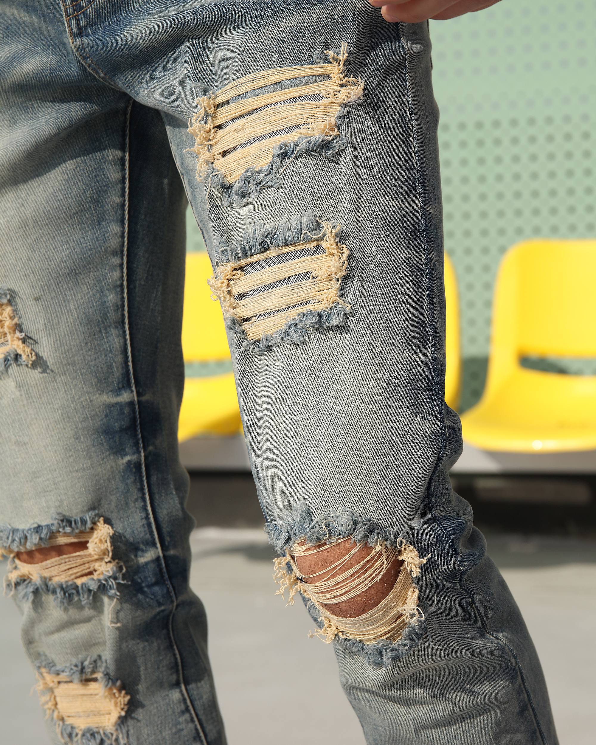 Men’s Vintage Blue Knee-Ripped Patched Slim Fit Jeans