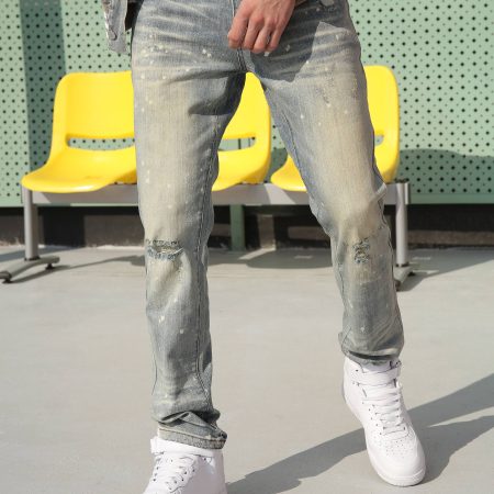 Stylish & Vintage Light Blue Paint-Splatter Slim Jeans for Men