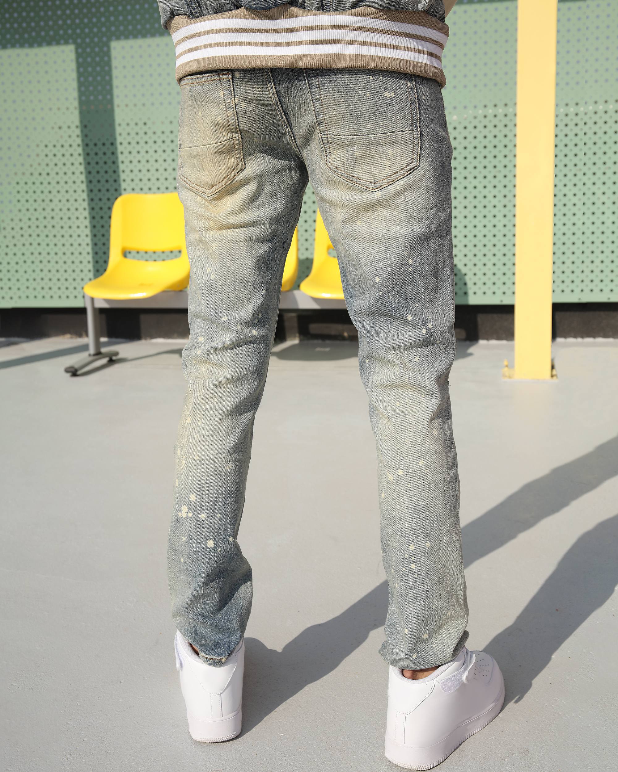Stylish & Vintage Light Blue Paint-Splatter Slim Jeans for Men