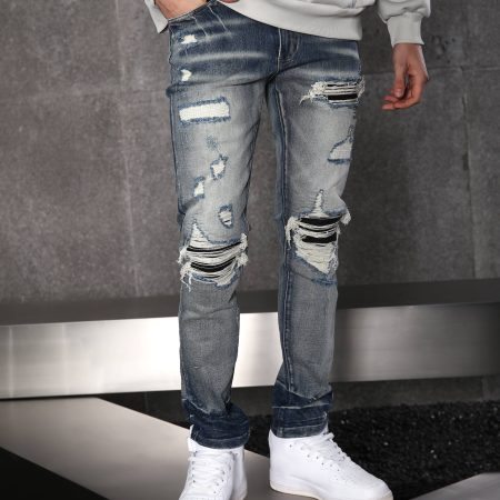 Men’s Streetwear Blue Ripped & Distressed Jeans with Black Patches