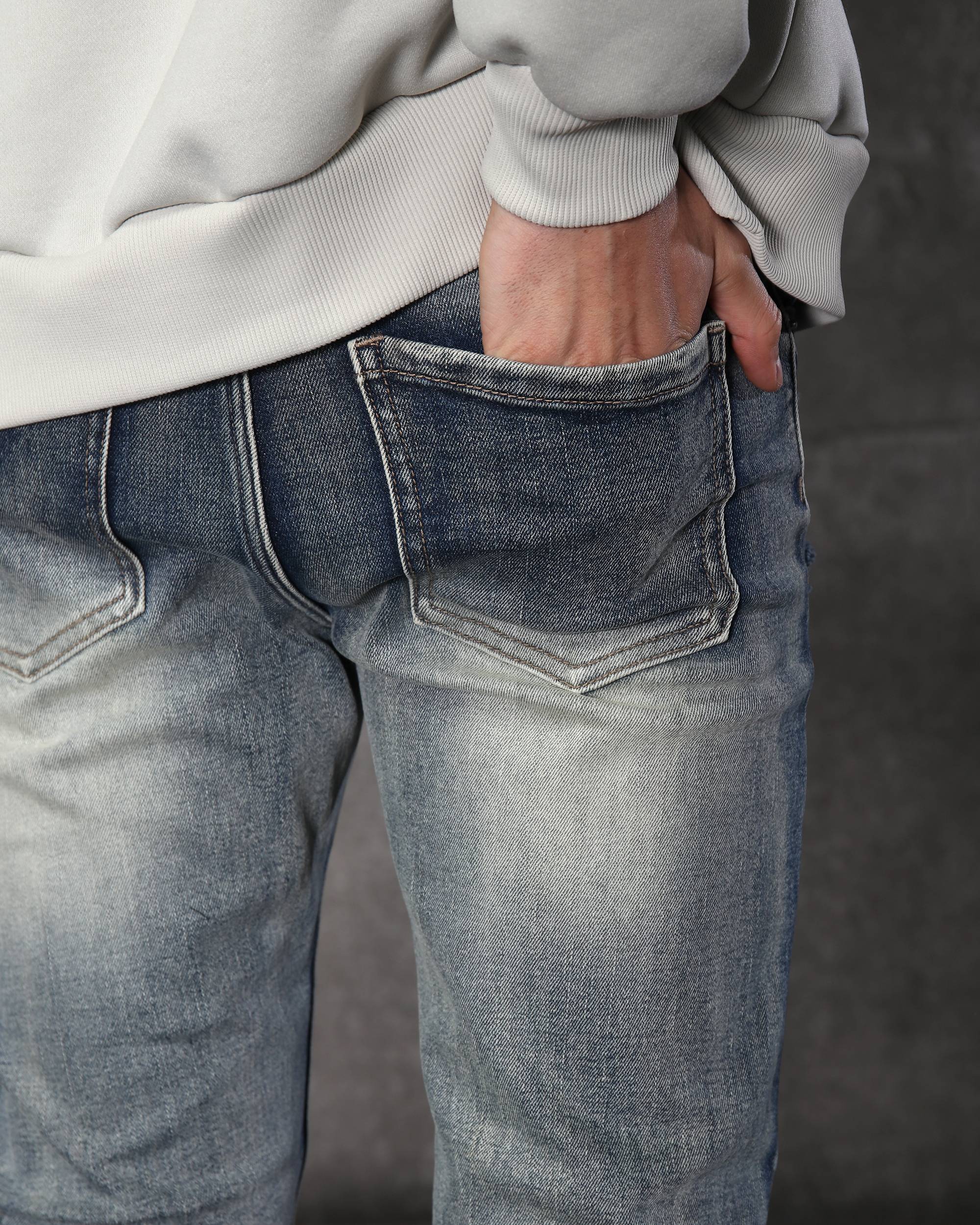 Men’s Streetwear Blue Ripped & Distressed Jeans with Black Patches