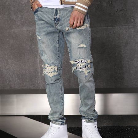 Unique Men’s Light Blue Ripped Jeans with Checkered Patches