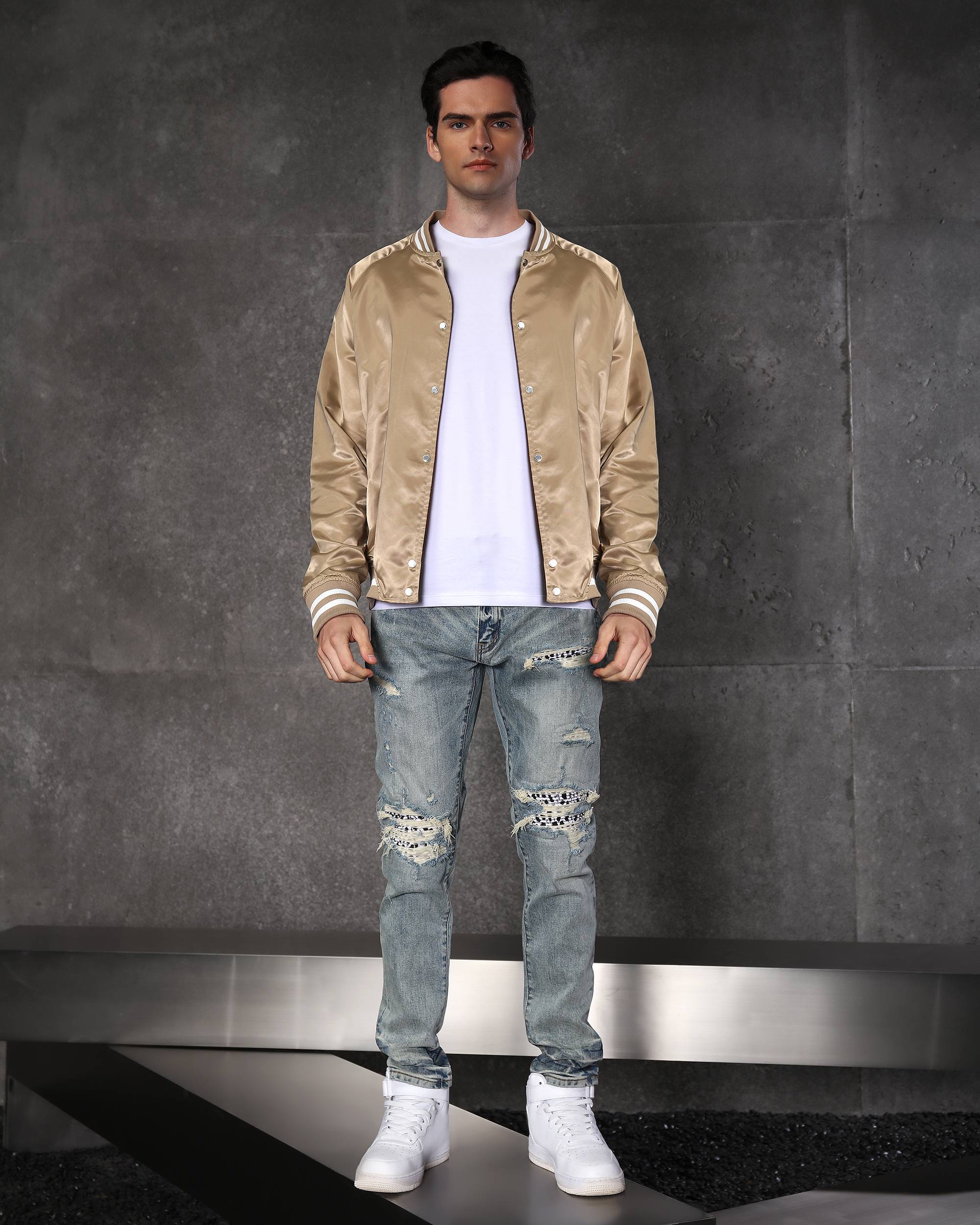 Unique Men’s Light Blue Ripped Jeans with Checkered Patches