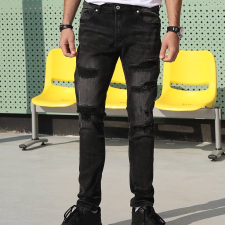 Streetwear Men’s Black Ripped & Distressed Skinny Patched Jeans