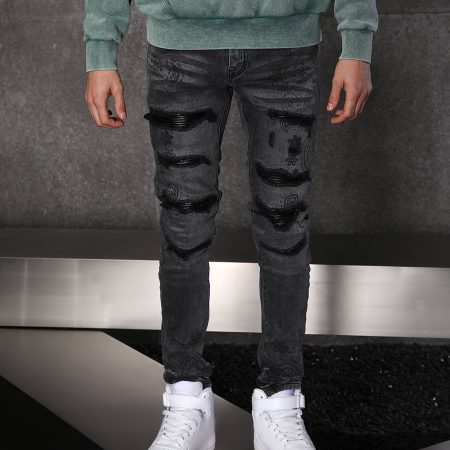 Sleek Men’s Black Distressed Skinny Jeans with Floral Prints