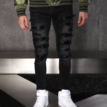 Streetwear Men’s Black Heavy Distressed & Ripped Skinny Jeans