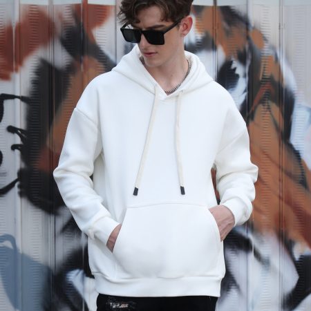 Men’s White Soft Brushed Fleece Pullover Hoodies Casual Streetwear