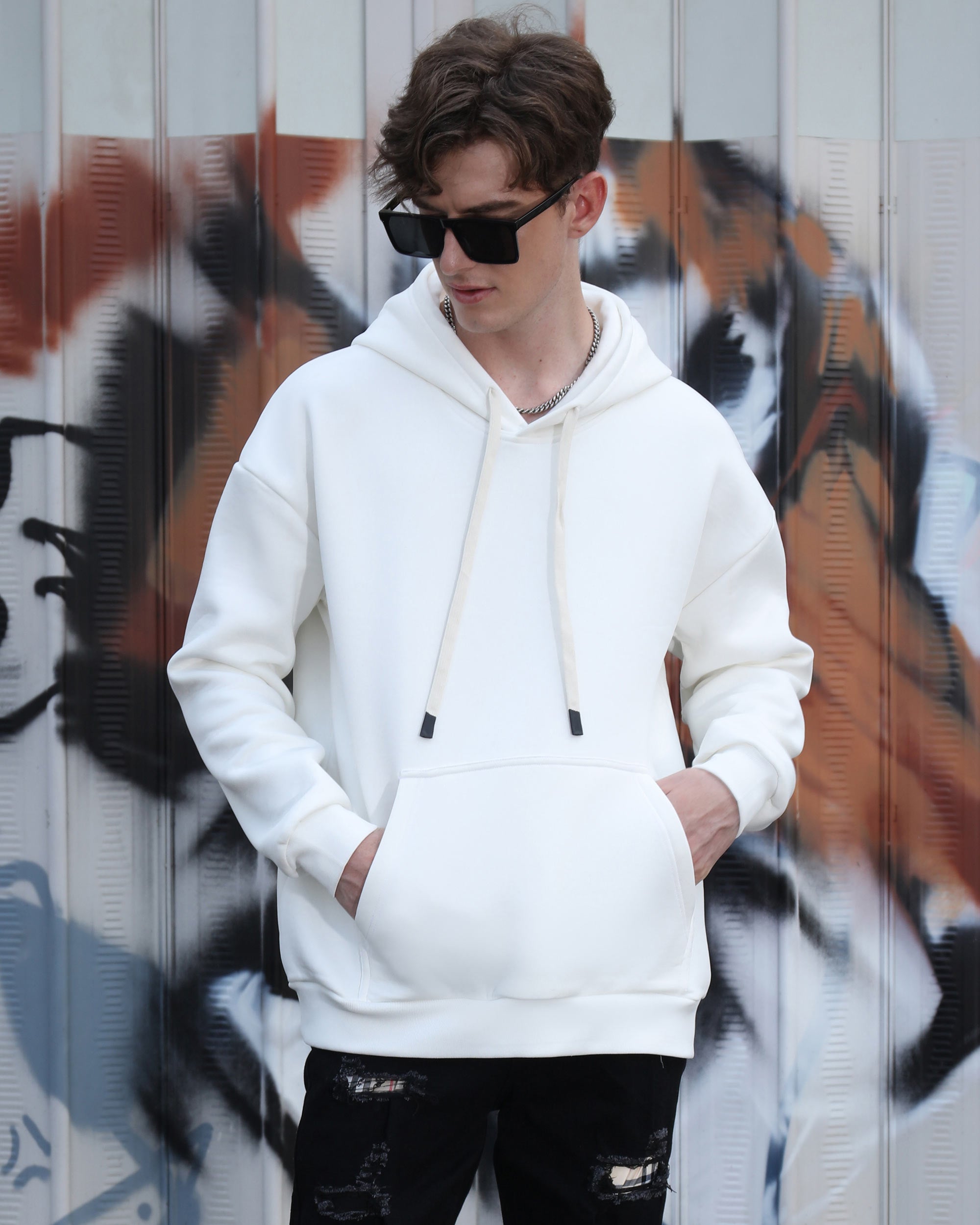 Men’s White Soft Brushed Fleece Pullover Hoodies Casual Streetwear