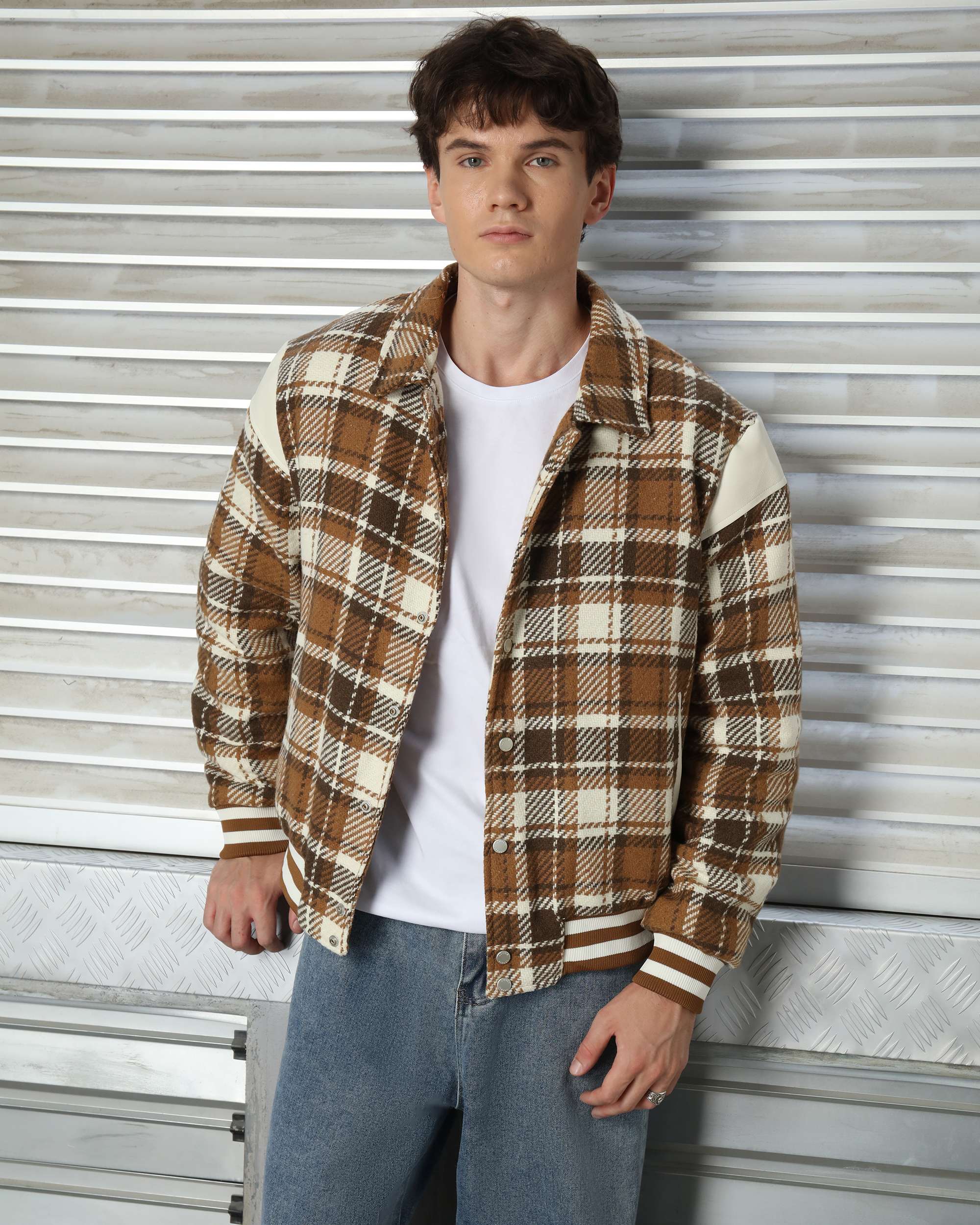 Men’s Black & Khaki Plaid Shirt Jackets with Retro Check
