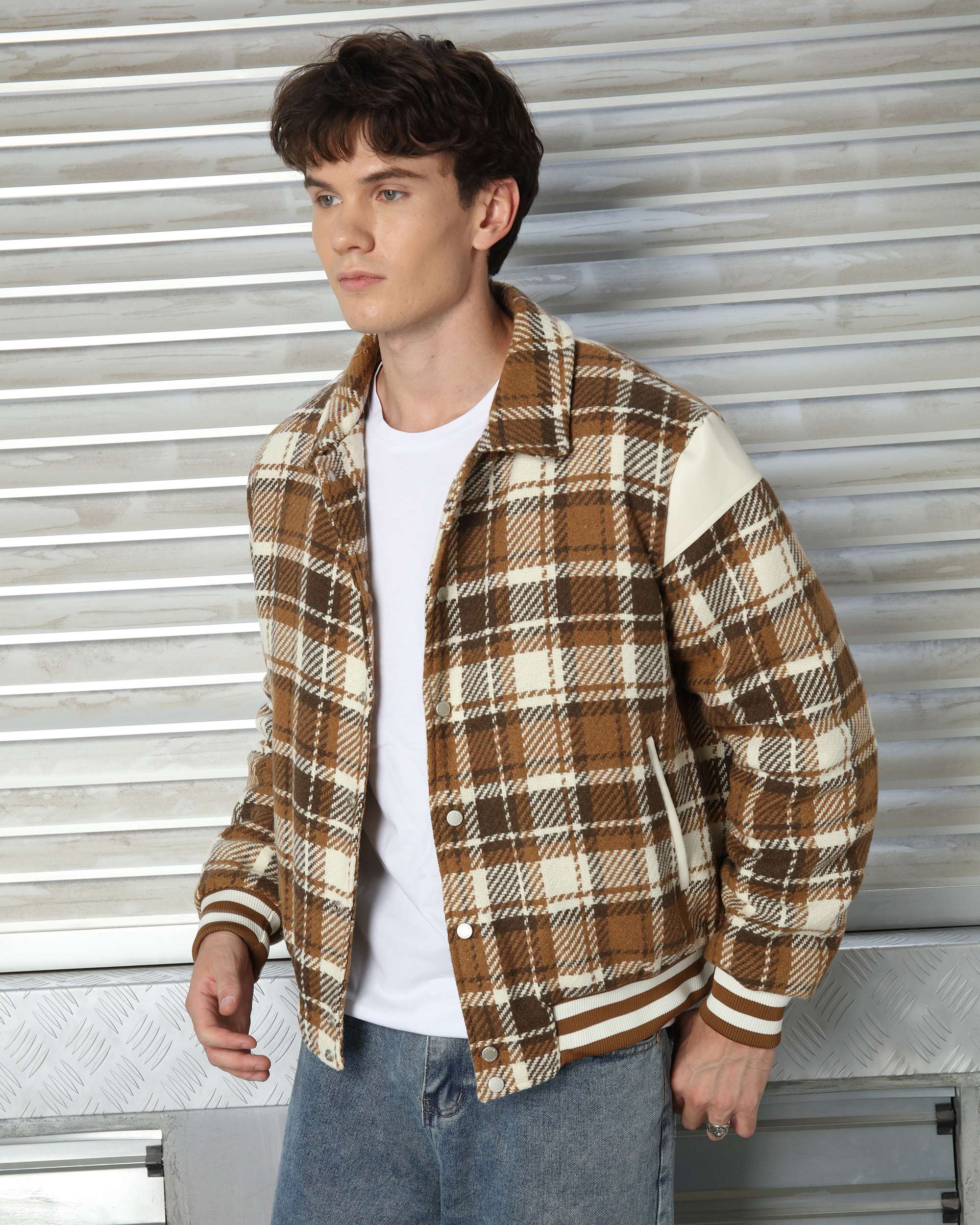 Men’s Black & Khaki Plaid Shirt Jackets with Retro Check