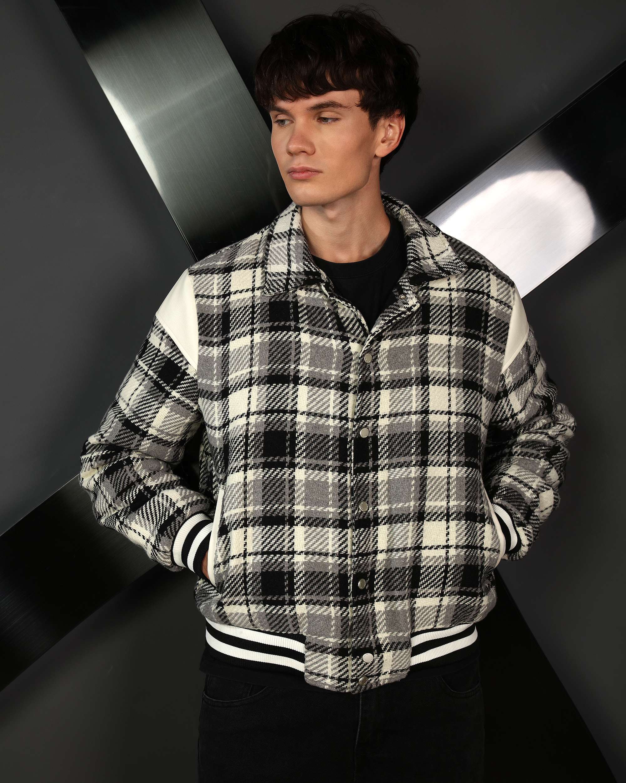 Men’s Black & Khaki Plaid Shirt Jackets with Retro Check