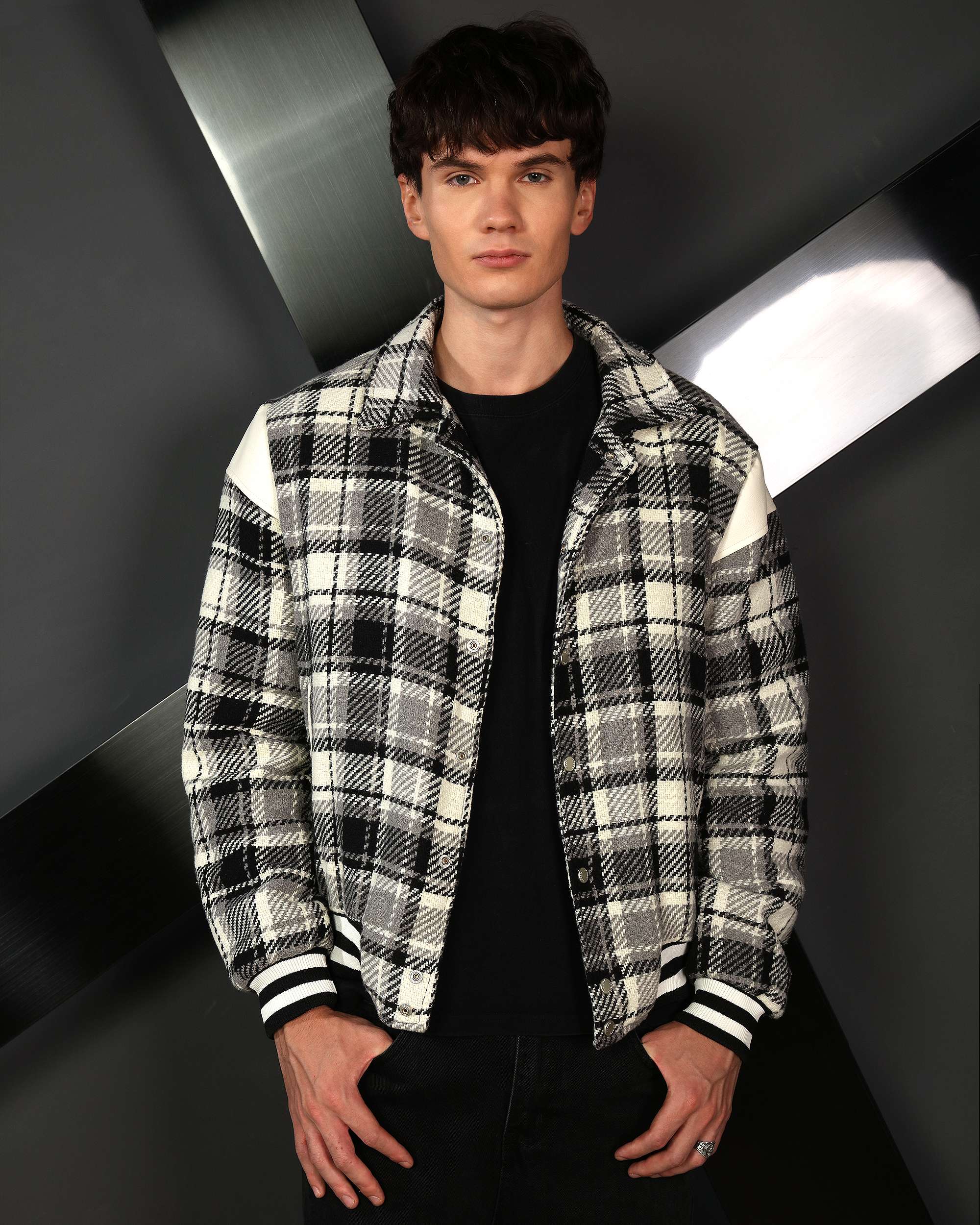 Men’s Black & Khaki Plaid Shirt Jackets with Retro Check
