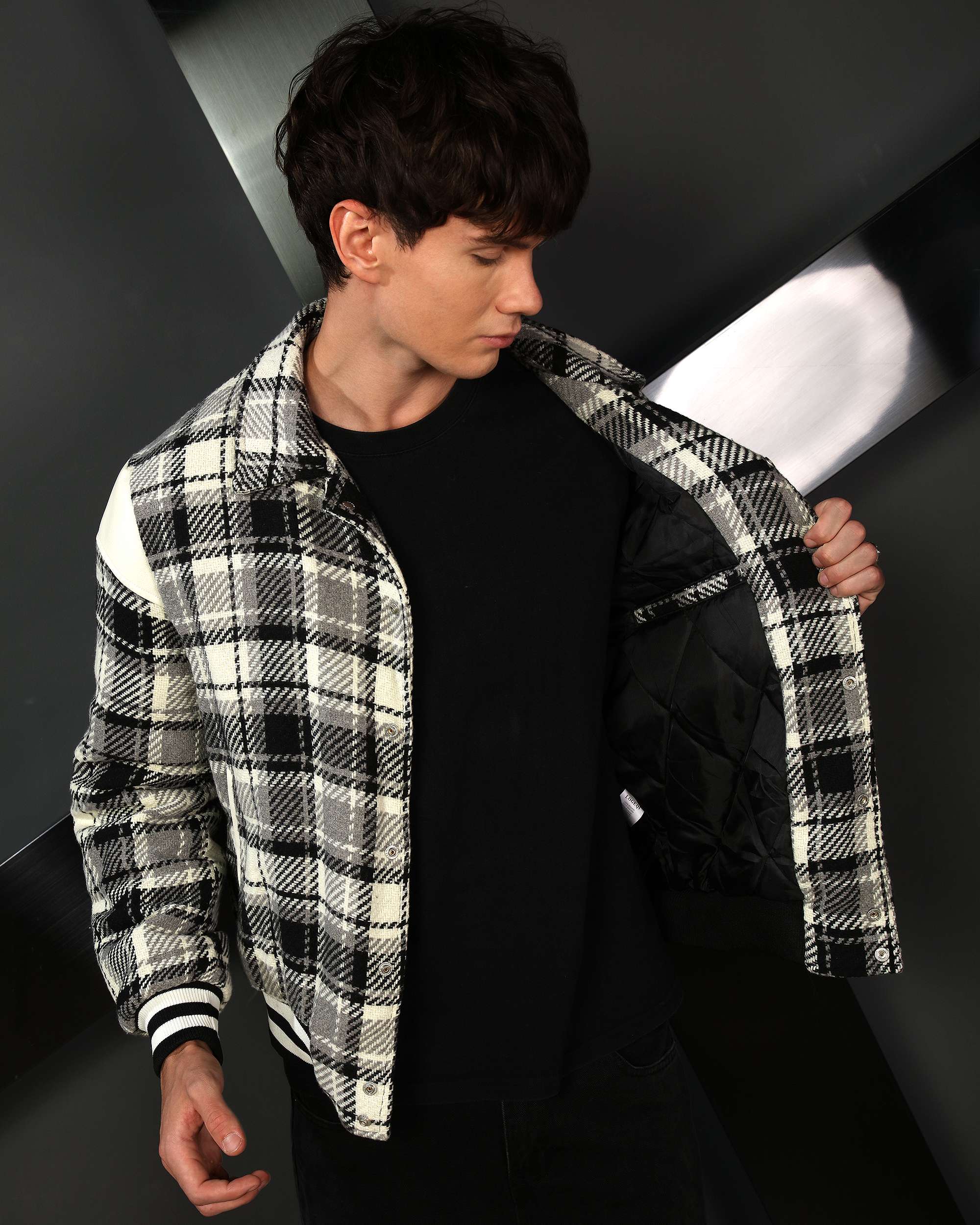 Men’s Black & Khaki Plaid Shirt Jackets with Retro Check
