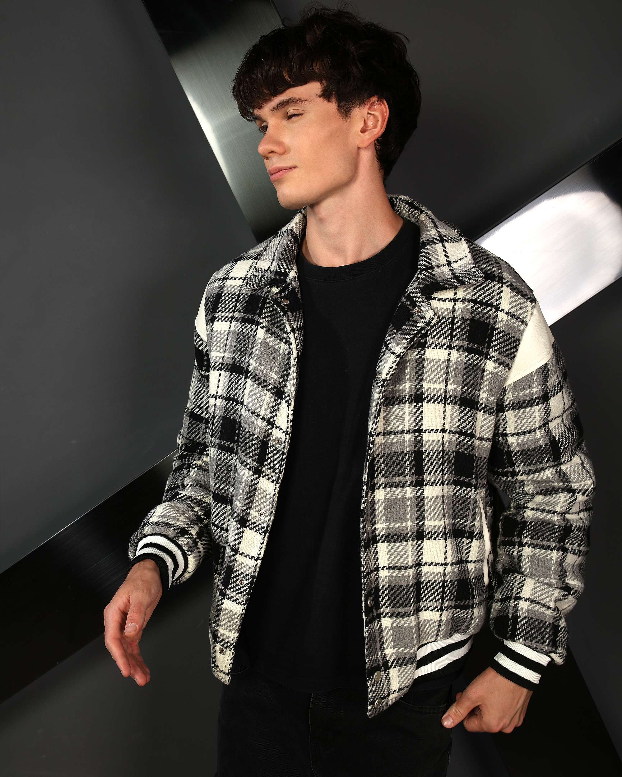 Men’s Black & Khaki Plaid Shirt Jackets with Retro Check
